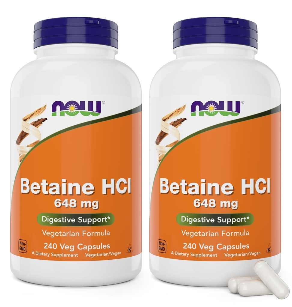 Τώρα Betaine HCl 648mg 240 κάψουλες Veg (πακέτο των 2) - συμπλήρωμα διεγερτικών ενζύμων - Ενισχυμένο με Pepsin Protease για την υποστήριξη της πρωτεϊνικής πέψης