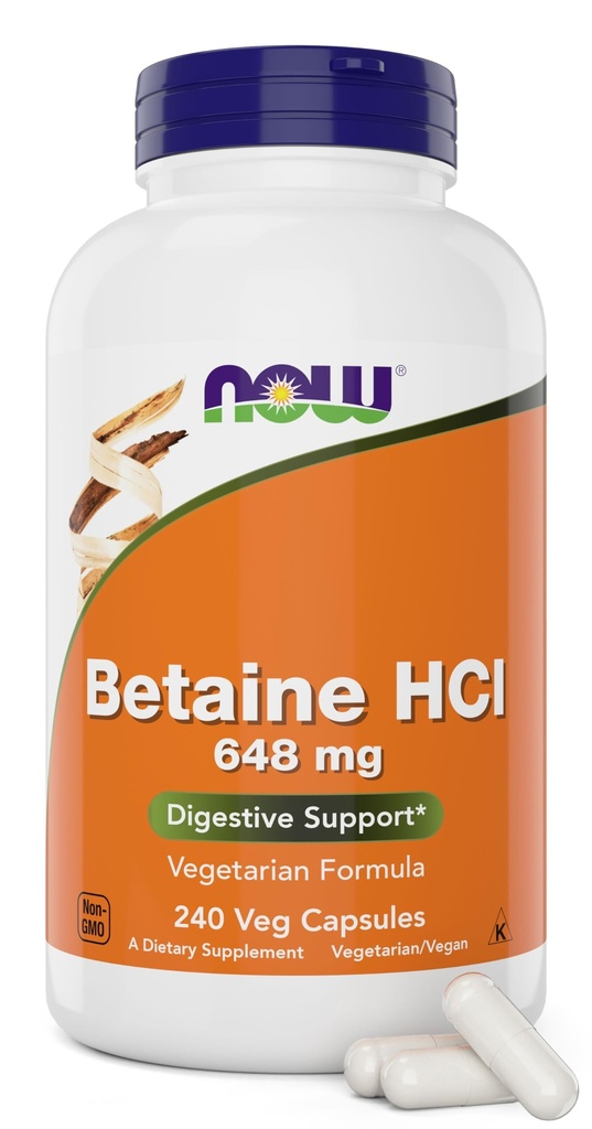 Τώρα Betaine HCl 648mg 240 κάψουλες Veg (πακέτο των 2) - συμπλήρωμα διεγερτικών ενζύμων - Ενισχυμένο με Pepsin Protease για την υποστήριξη της πρωτεϊνικής πέψης