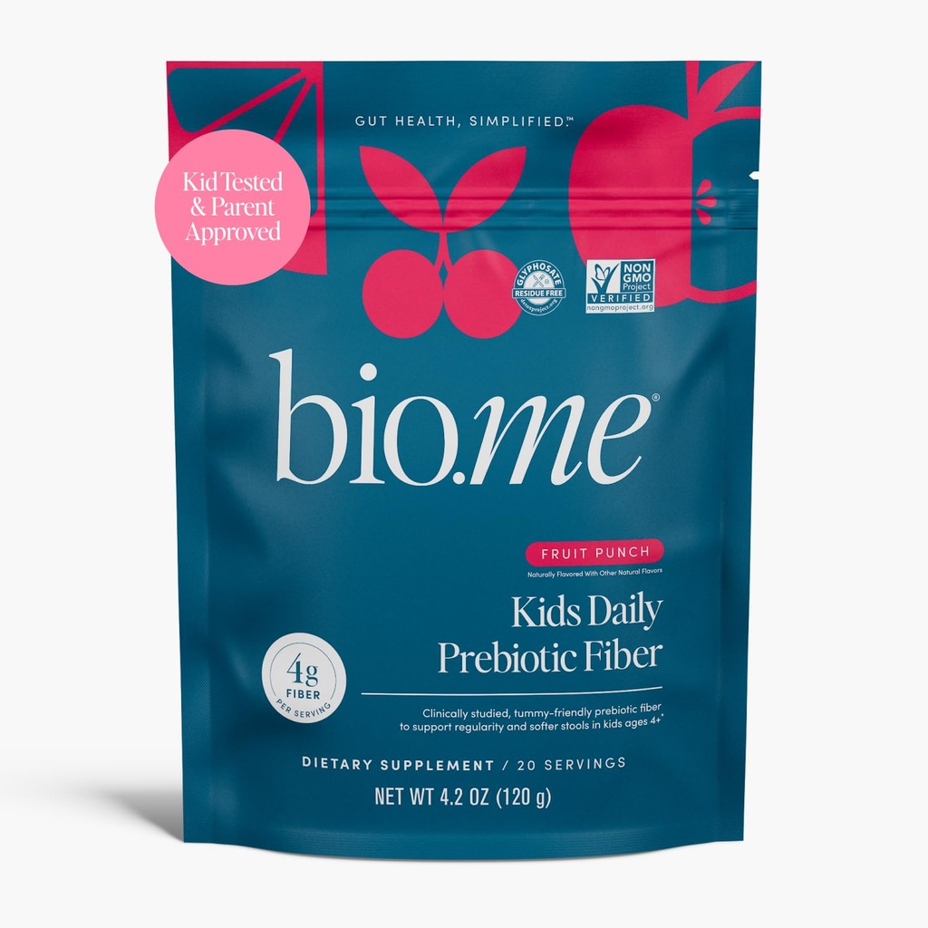 Bio.me Kids Daily Prebiotic Fiber Powder - Tummy-Friendly Soluble Fiber for Digestion and Gut Health - Supports Regularity and Softer Stools - Easy Mix Powder for Ages 4+ - Fruit Punch, 20 Servings