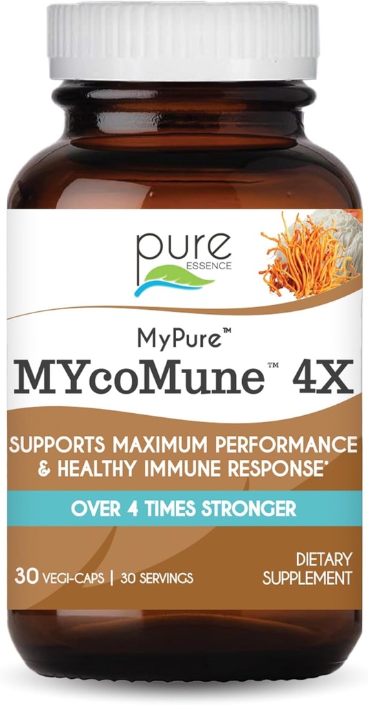 MYcoMune 4X συμπλήρωμα οργανικού μανιταριών - Reishi, Mane Lion's, Cordyceps, Chaga, Shiitake, Maitake για ανοσοποιητικό σύστημα, Combat Stress, Build Energy by Pure Essence - 30 Caps