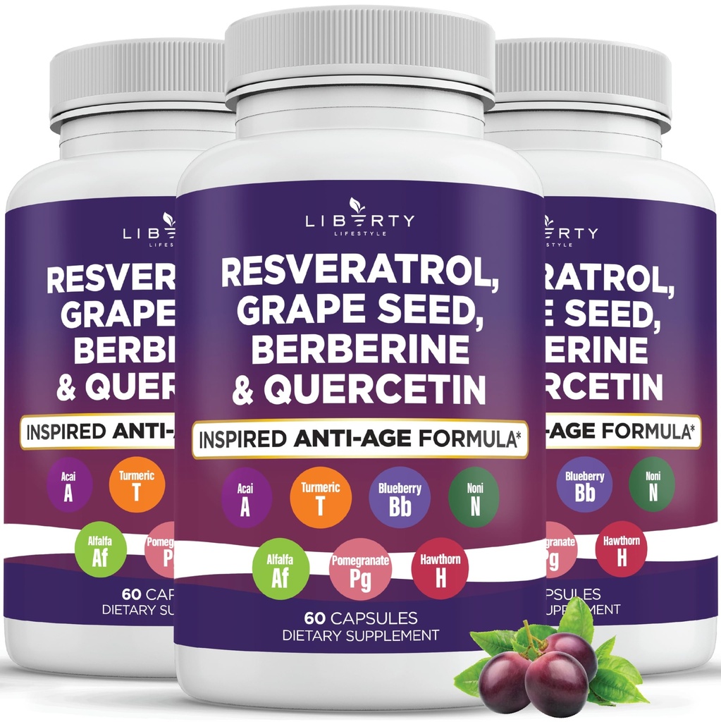 Liberty Lifestyle Resveratrol, Berberine, Grape Seed Extract, Quercetin, Polyphenol Supplement for Women and Men with Noni Extract, N-Acetyl Cysteine, Acai Extract (180 Count)