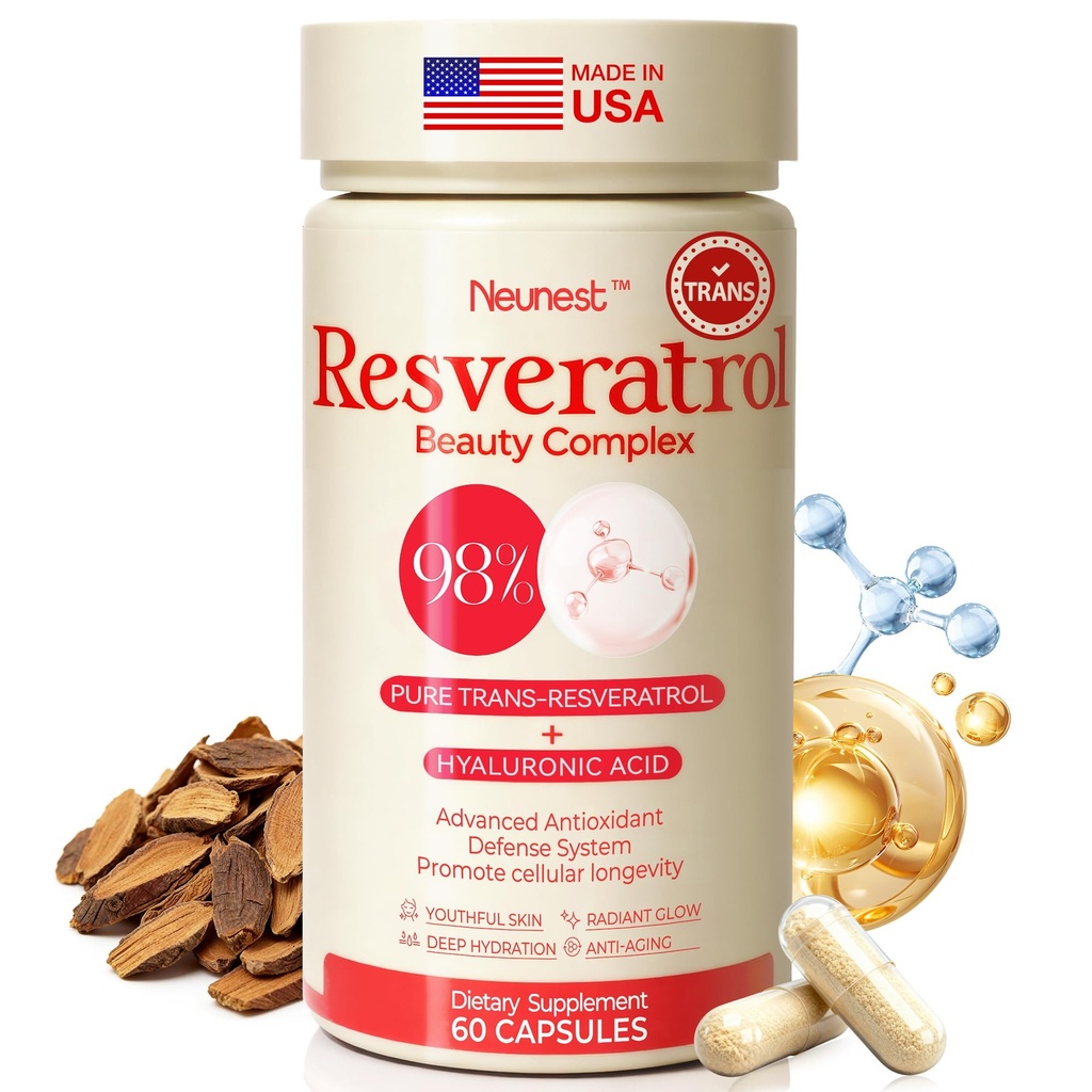 Resveratrol Supplement 98% High Purity Trans-Resveratrol Complex with Collagen Peptides & Hyaluronic Acid,Quercetin,Antioxidant Support for Skin & Beauty,Immune Health,Gluten-Free,60 Capsules