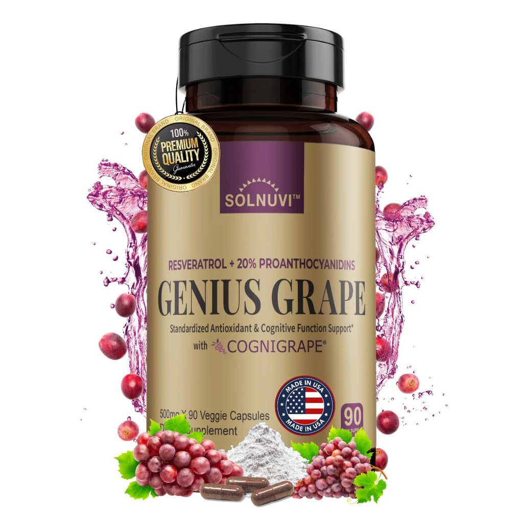 Resveratrol Complex Supplement with Clinically Tested Cognigrape Red Grape Extract OPC Proanthocyanidins - Antioxidant & Brain Health Support - 90 Veggie Capsules, Non-GMO, Gluten-Free, Vegan