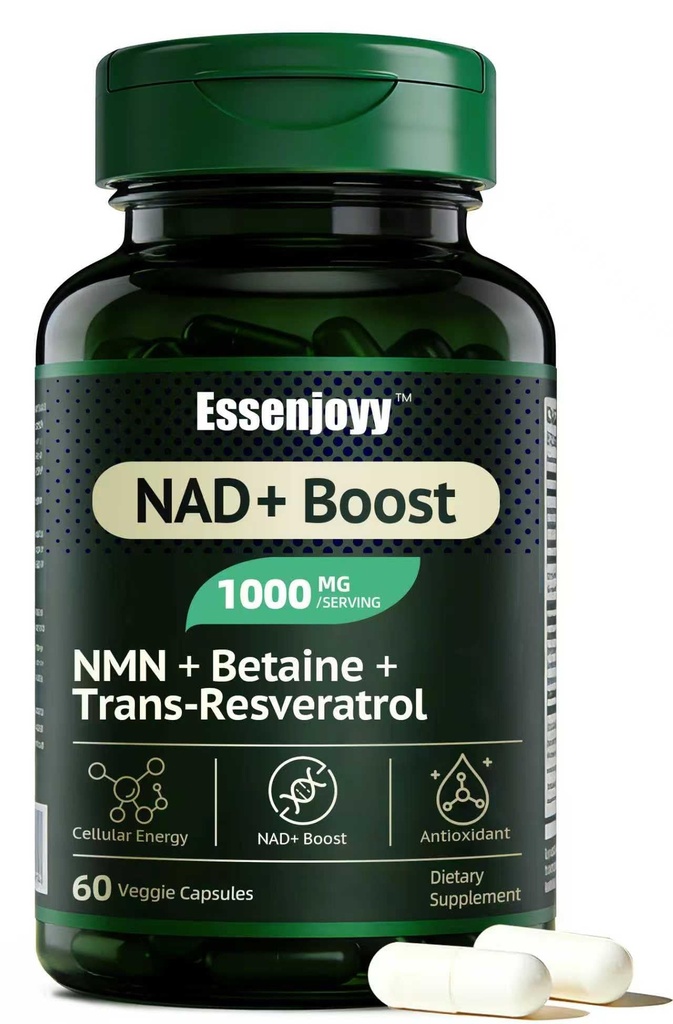 NAD+ Boost Supplement with NMN, Trans-Resveratrol & Betaine (TMG) 1000mg Blend, NAD Support for Cellular Energy & Healthy Aging, 60 Veggie Capsules, 30 Day Supply