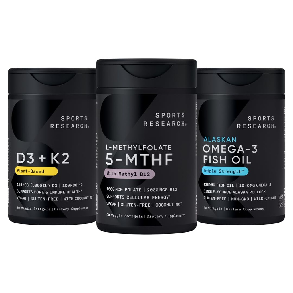 Sports Research® Multivitamin Pack - Methyl Folate 1000 mcg + B12 2000 mcg, Vitamin D3 5000iu + K2 100mcg, and Alaskan Omega-3 Fish Oil 1250mg