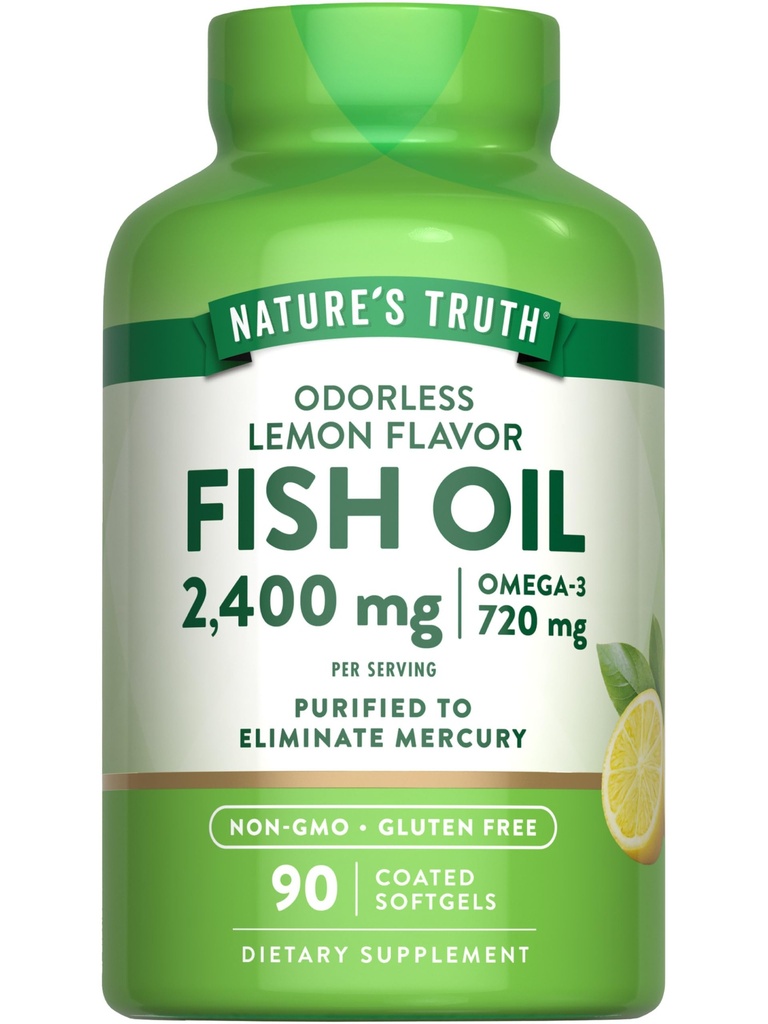 Nature's Truth Fish Oil Omega 3 Supplement | 2400mg | 90 Softgels | Lemon Flavor | Odorless | Non-GMO & Gluten Free