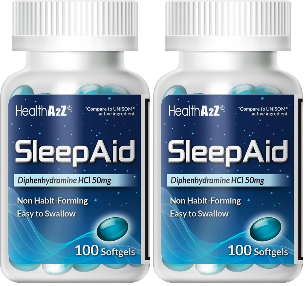 HealthA2Z Sleep Aid, Diphenhydramine Softgels, 50mg, Supports Deeper, Restful Sleeping, Non Habit-Forming (100 Counts) (Pack of 2)