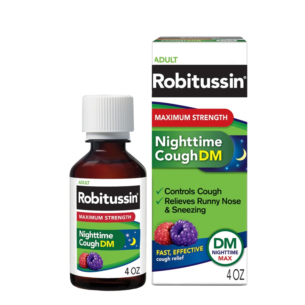 Robitussin Maximum Strength Nighttime Cough DM, Cough Medicine for Adults, Berry Flavor - 4 Fl Oz