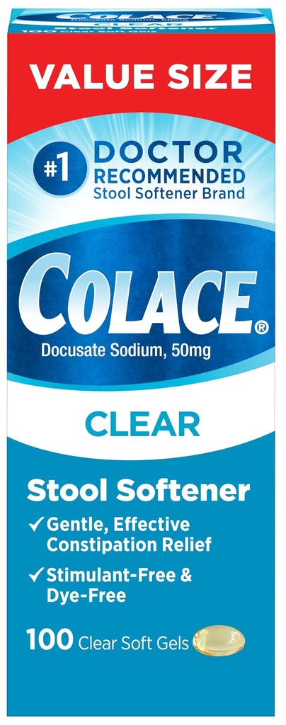 Colace Clear Stool Softener for Gentle Effective Constipation Relief, #1 Doctor Recommended Stool Softener Brand, Dye Free, 50 mg Docusate Capsules, 100 Count