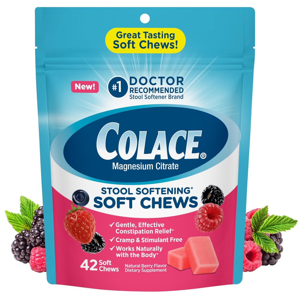 Colace Stool Softener Soft Chews, 42 Count, Gentle Constipation Relief, No.1 Doctor Recommended Stool Softener Brand, Mixed Berry