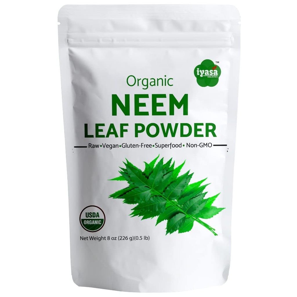Organic Neem Powder from Whole Leaves - USDA Organic Ayurveda Herb - Raw Vegan Non-GMO - Hair & Skin Care, DIY Recipes - Neem Leaf Powder for Toothpaste by Iyasa Holistics - 8 oz