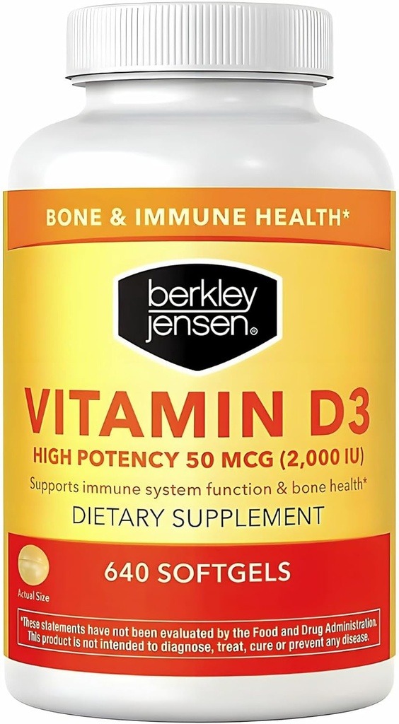 Berkley Jensen Υψηλή Ικανότητα Βιταμίνη D3 2000IU (50 mcg) (640 Softgels), Συμπλήρωμα Διατροφής για Δόντια, Μυς, Ανοσοποιητική Λειτουργία, και Υγεία των Οστών, για Άνδρες και Γυναίκες, Made in USA, 640 Day Supply