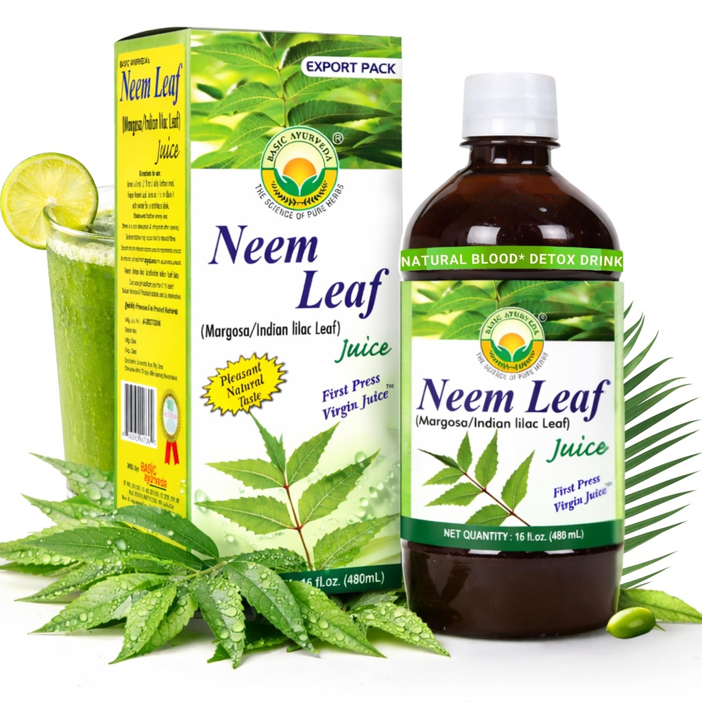 BASIC AYURVEDA Neem Leaf Juice | 16.23 Fl Oz (480ml) | Natural Bitter Herbal Detox Drink | Supports Skin Health, Immunity & Hair Wellness | No Added Sugar | Pure Neem Extract
