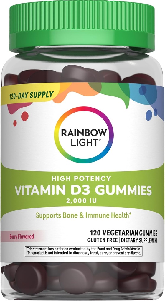 Ουράνιο τόξο φως Βιταμίνη D Gummies, υψηλής ισχύος βιταμίνη D3 2.000IU ανοσοποιητική υποστήριξη υγείας, βοηθά στην υποστήριξη ισχυρό οστά & δόντια, χωρίς γλουτένη, Vegan, μούρο, 120 Gummies