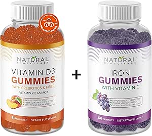 Φυσικό BioScience Ζάχαρη Χωρίς Βιταμίνη D3 K2 Gummies 5000 IU & Iron Gummies με Βιταμίνη C, Επιπλέον δύναμη, Ανοσολογική υποστήριξη, Υγεία των οστών, Υγεία της καρδιάς, Ενεργειακή υποστήριξη, 60 Gummy Βιταμίνες