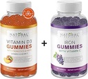 Φυσικό BioScience Ζάχαρη Χωρίς Βιταμίνη D3 K2 Gummies 5000 IU & Iron Gummies με Βιταμίνη C, Επιπλέον δύναμη, Ανοσολογική υποστήριξη, Υγεία των οστών, Υγεία της καρδιάς, Ενεργειακή υποστήριξη, 60 Gummy Βιταμίνες