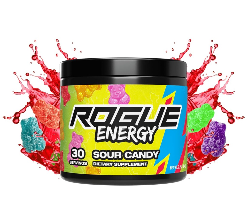 Rogue Energy Energy Drink Powder for Long Gaming Hours - Energy Powder for Mental Focus - Sugar & Gluten Free - Gaming Supplement with Caffeine & Vitamins - Made in USA (Sour Candy - 40 Servings)
