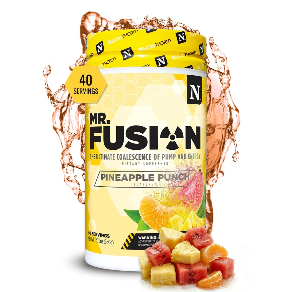 Nutrithority - Mr. Fusion Pump Pre Workout Powder, Strong Pre Workout, No Creatine, Energy Powder with Amino Acids for Men and for Women, Build Muscle, Keto Friendly (Pineapple Punch) (40 Servings)