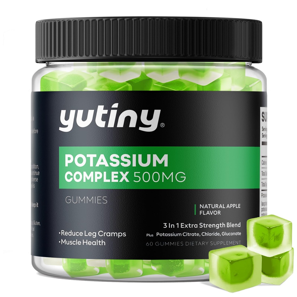 Potassium Supplement 500mg 3 in 1 Complex Gummies, Chewables with Potassium Citrate Chloride Gluconate, Extra Strength Blend, 60 Count