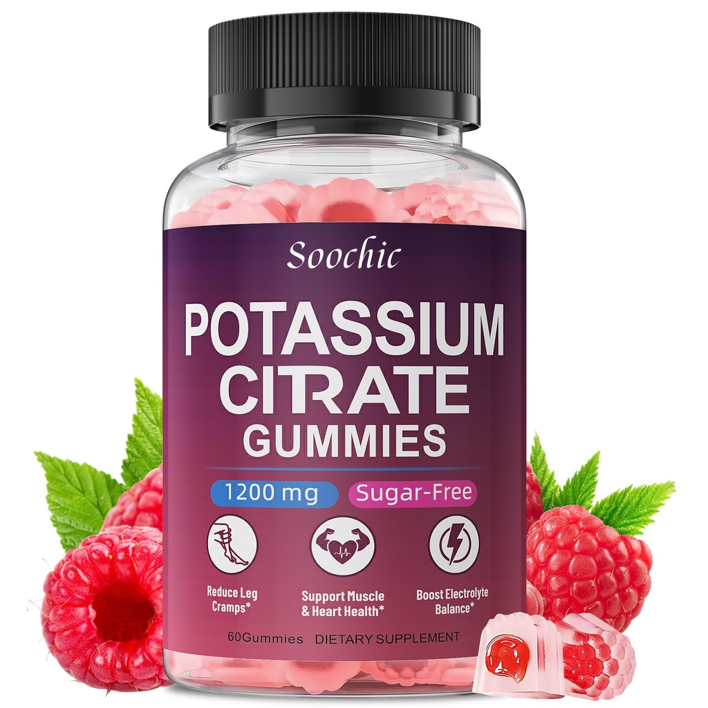 Potassium Citrate Gummies - 1200mg Chewable Potassium Supplement for Men & Women - Supports Leg Cramps & Muscle Health - Vegan, Gluten Free, Sugar Free - Raspberry Flavor (60 Count)