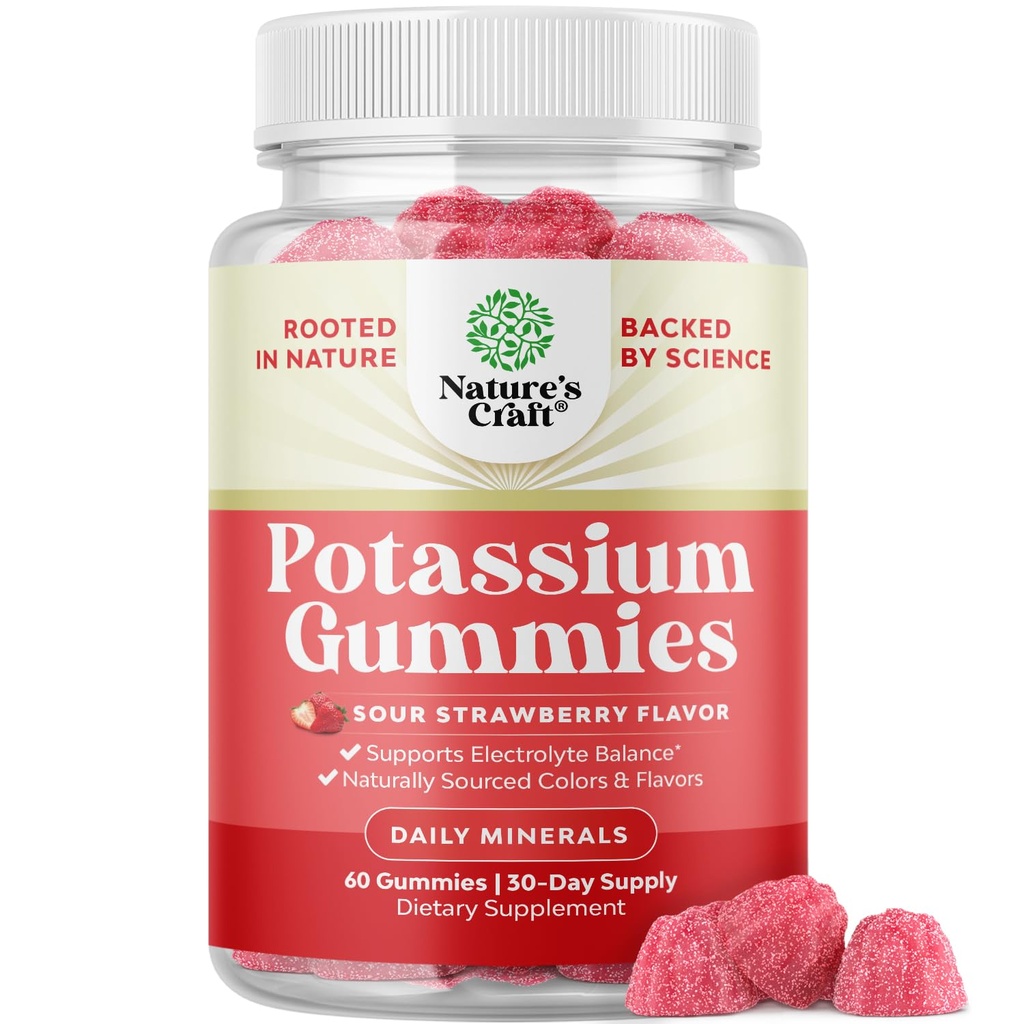 High Potency Potassium Gummies for Adults - Powerful Potassium Supplement Gummies for Optimal Health - Delicious Strawberry-Flavored - Vegan - 60 Count