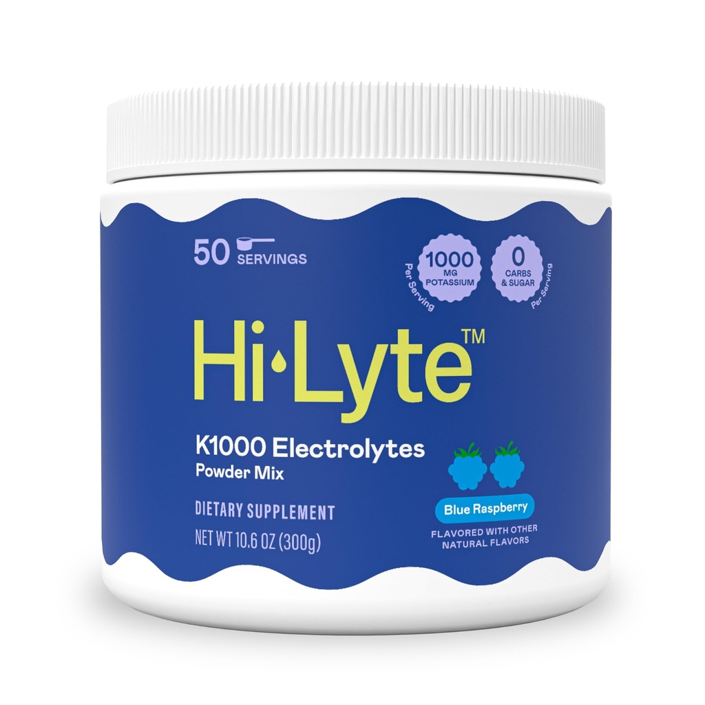 Hi-Lyte K1000 Blue Raspberry Electrolytes Powder, 50 Servings - 1000mg Potassium + Magnesium, Sodium, Trace Minerals - 0 Carbs, 0 Sugar