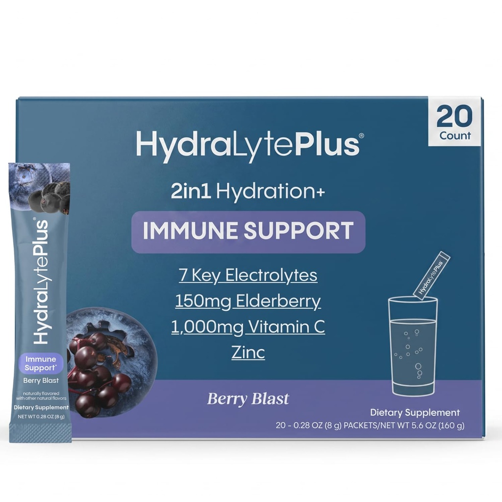 Hydralyte Electrolytes Plus Ανοσία, Elderberry - Χαμηλή ζάχαρη ταχείας ενυδάτωσης σκόνη - Ελαφρώς αφρώδη ηλεκτρολυτικά πακέτα σκόνης με 1000mg βιταμίνη C και 300 mg Elderberry (8oz Serve, 20 Count)