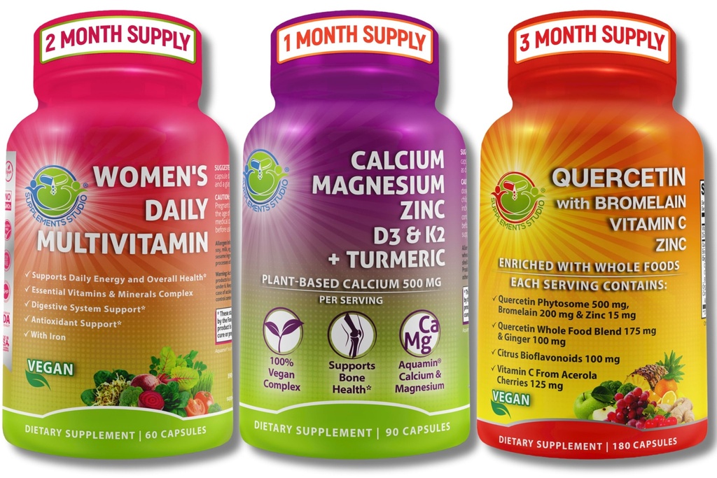 Vegan Bone, Immune & Whole Body Support Trio – Quercetin with Bromelain, Vitamin C, and Zinc Whole Food Complex + Women’s Multivitamin with Iron + Plant-Based Calcium with Magnesium, D3, K2 + Turmeric