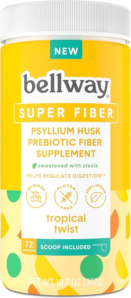 Bellway Super Fiber Supplement Powder - Psyllium Husk Powder, Χωρίς ζάχαρη, Vegan, Χωρίς γλουτένη, Tropical Twist, 72 εξυπηρετούν