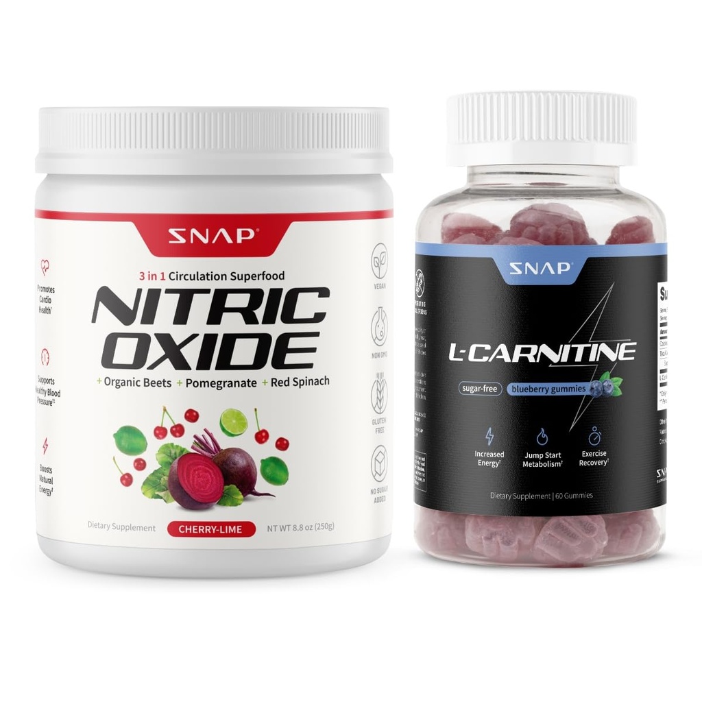Snap Supplements Nitric Oxide Beet Root Powder + L-Carnitine Gummies Bundle, 30 Servings Cherry Lime + 60 Sugar-Free Blueberry Gummies