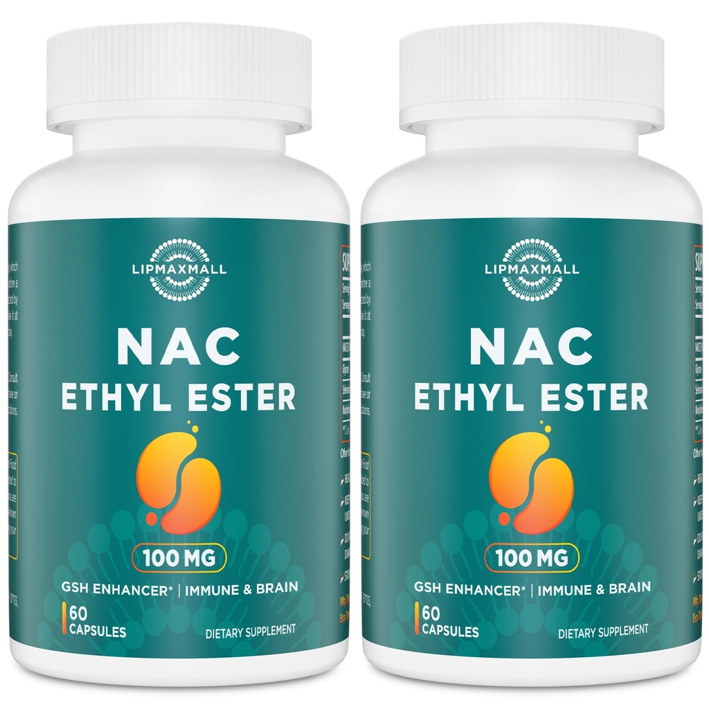 lipmaxmall N-Acetyl Cysteine Ethyl Ester 100mg-More Absorption Than 1000mg NAC-with Glycine 600mg-Benefit Glutathione-Good for Immune System & Antioxidant for Adults,NACET(60 Capsules-2 Pack)