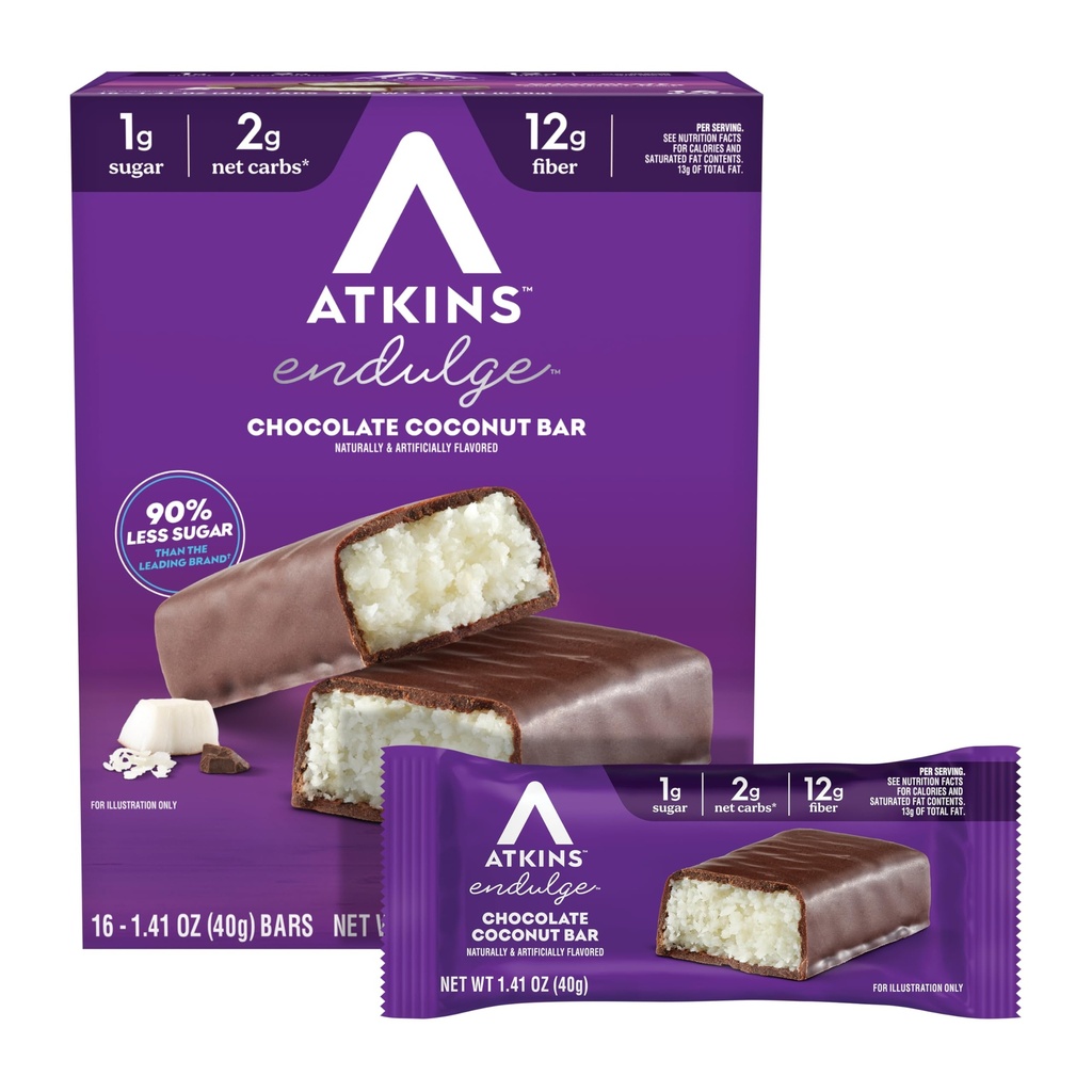 Atkins Endulge Chocolate Coconut Flavored Snack Bar, 1g Sugar, 12g Fiber, Low Sugar Snack, High Fiber Bars, Keto Friendly Treat, 16 Count (Pack of 6)