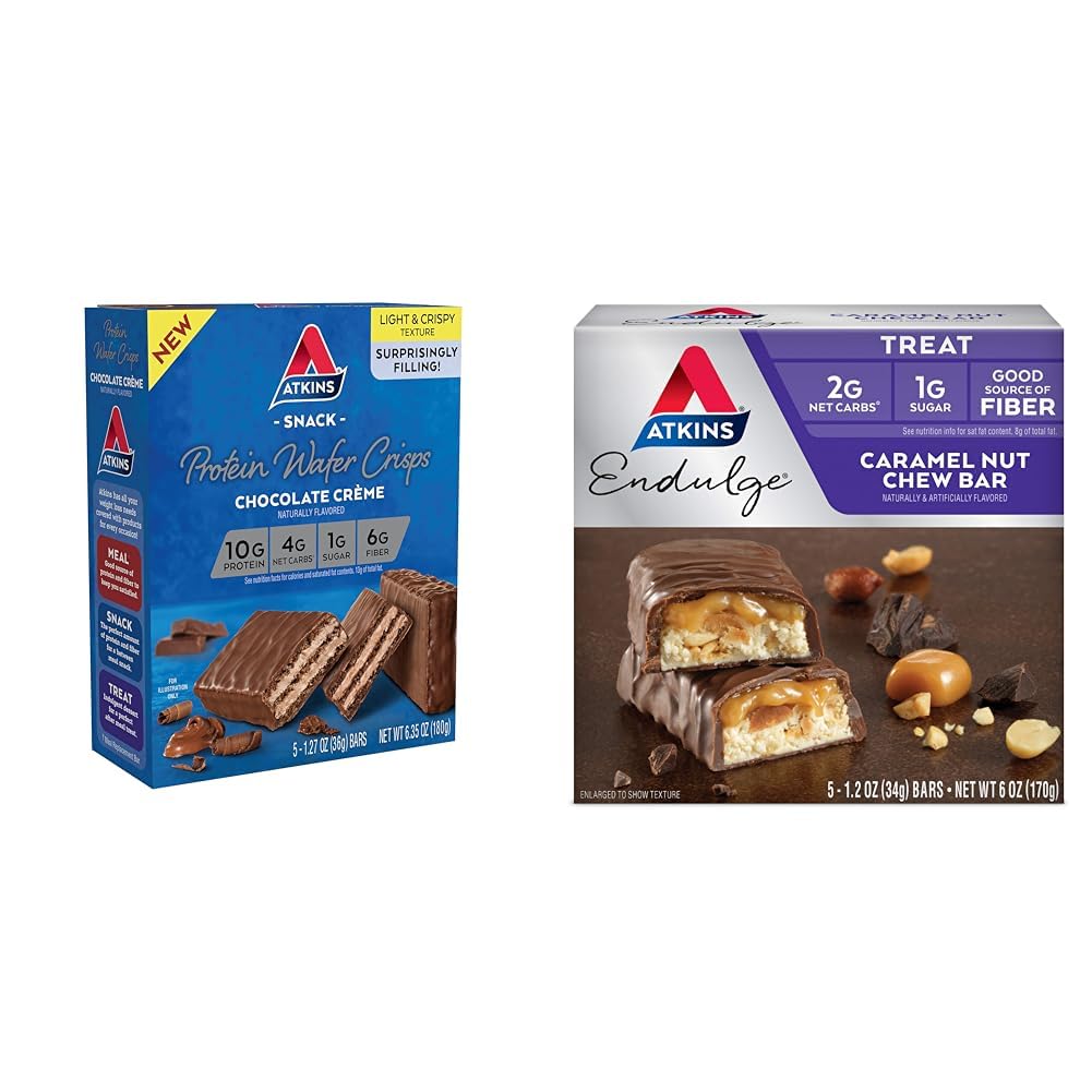 Atkins Chocolate Crème Protein Wafer Crisps with Caramel Nut Chew Bars, 10g Protein, 4g Net Carb, 1g Sugar, High Fiber, Keto Friendly, 5 Count
