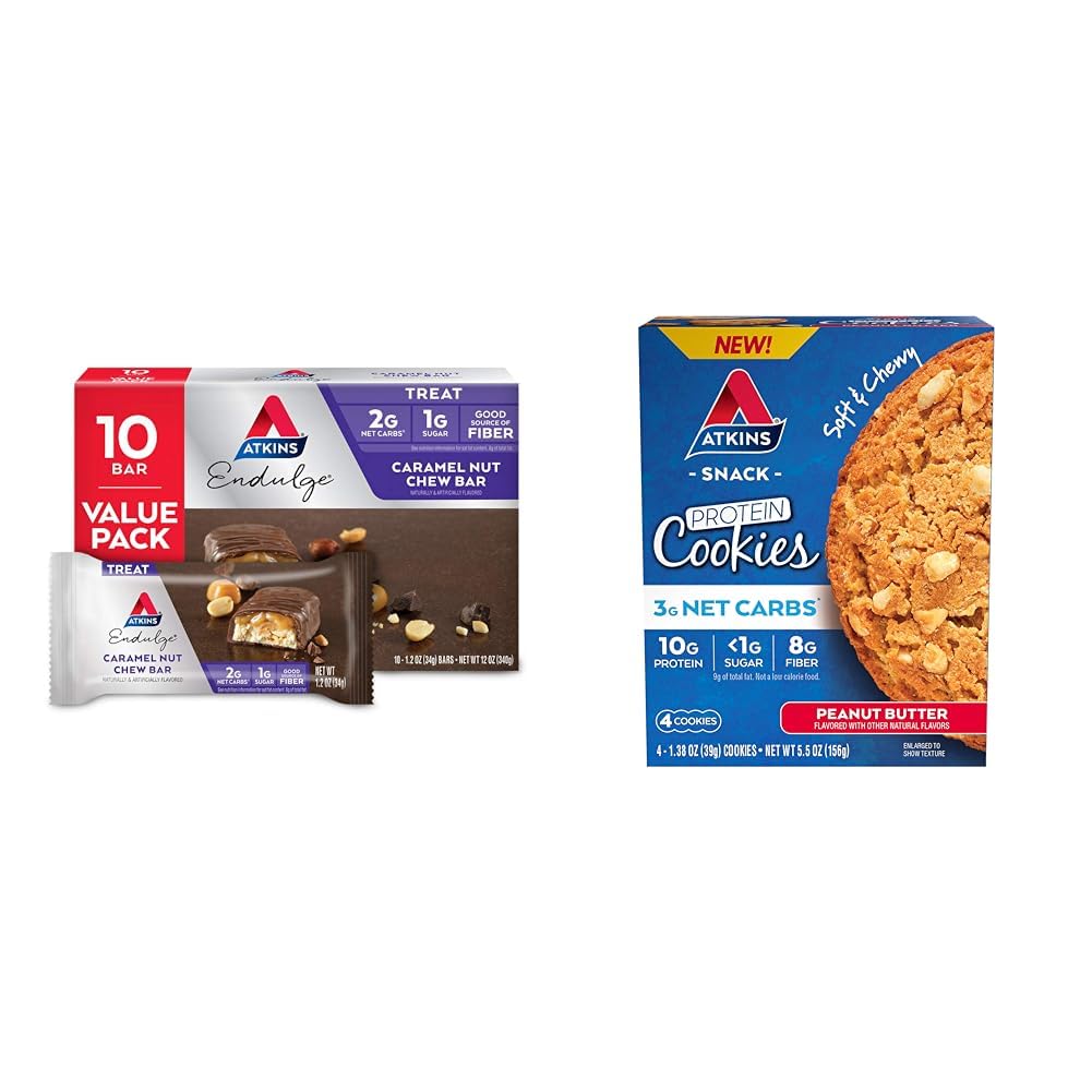 Atkins Endulge Caramel Nut Chew Bar, Dessert Favorite, 1g Sugar, Good Source & Peanut Butter Protein Cookie, Protein Dessert, Rich in Fiber, 3g Net Carb, 1g Sugar