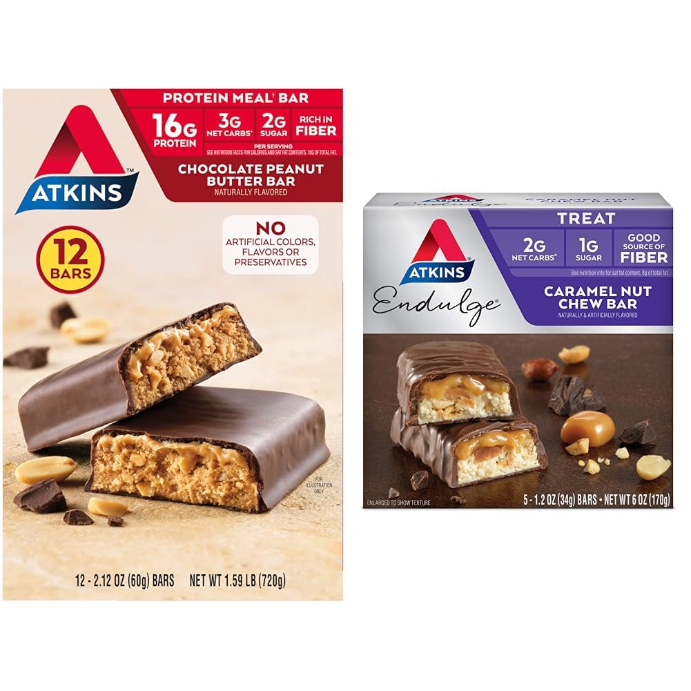 Atkins Chocolate Peanut Butter Protein Meal Bar 16g Protein 12 Count and Caramel Nut Chew Bar 1g Sugar 5 Count