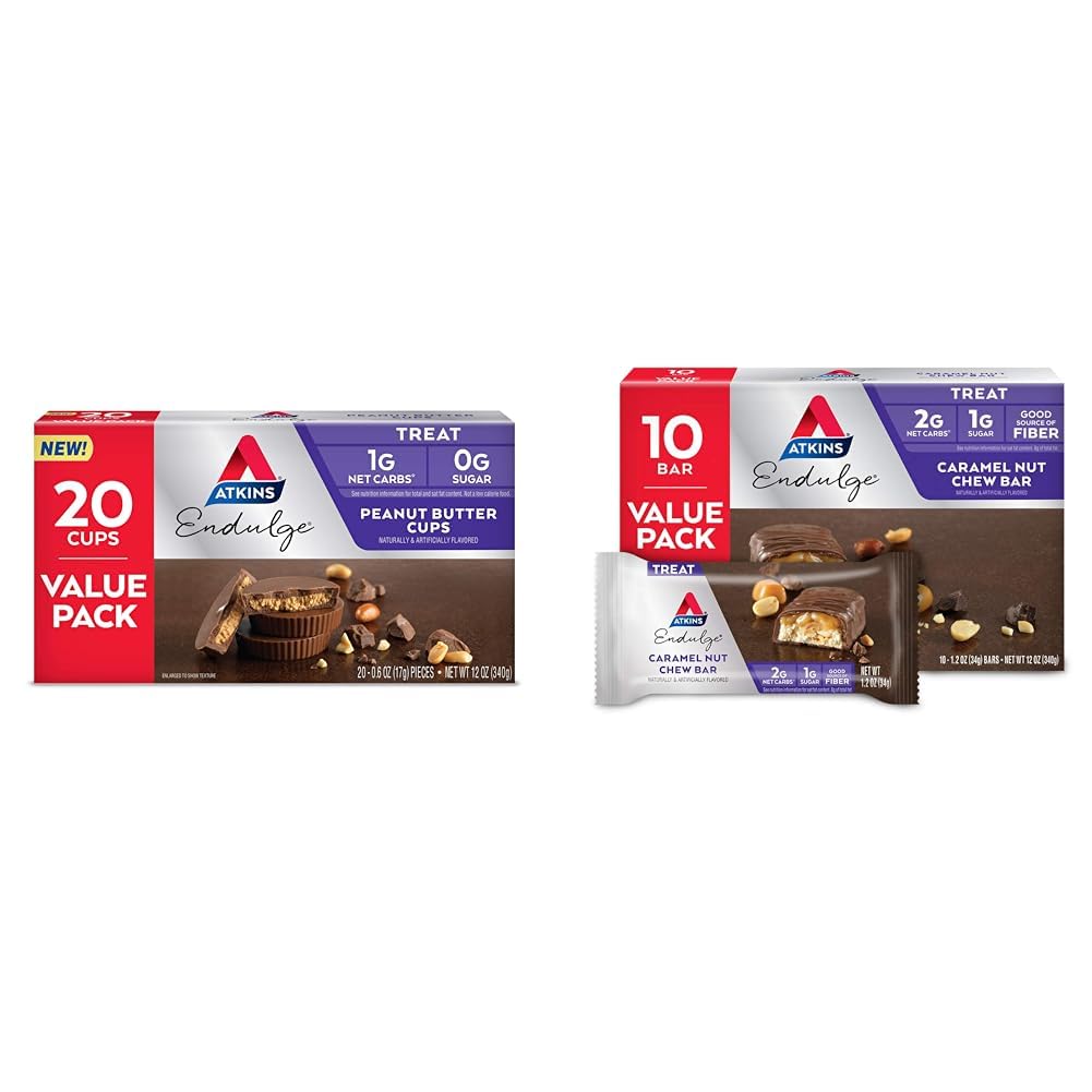 Atkins Endulge Peanut Butter Cups, Dessert Favorite, Low Carb, 0g Sugar, 20 Count & Endulge Caramel Nut Chew Bar, Dessert Favorite, 1g Sugar, Good Source of Fiber, Low Sugar, 10 Count
