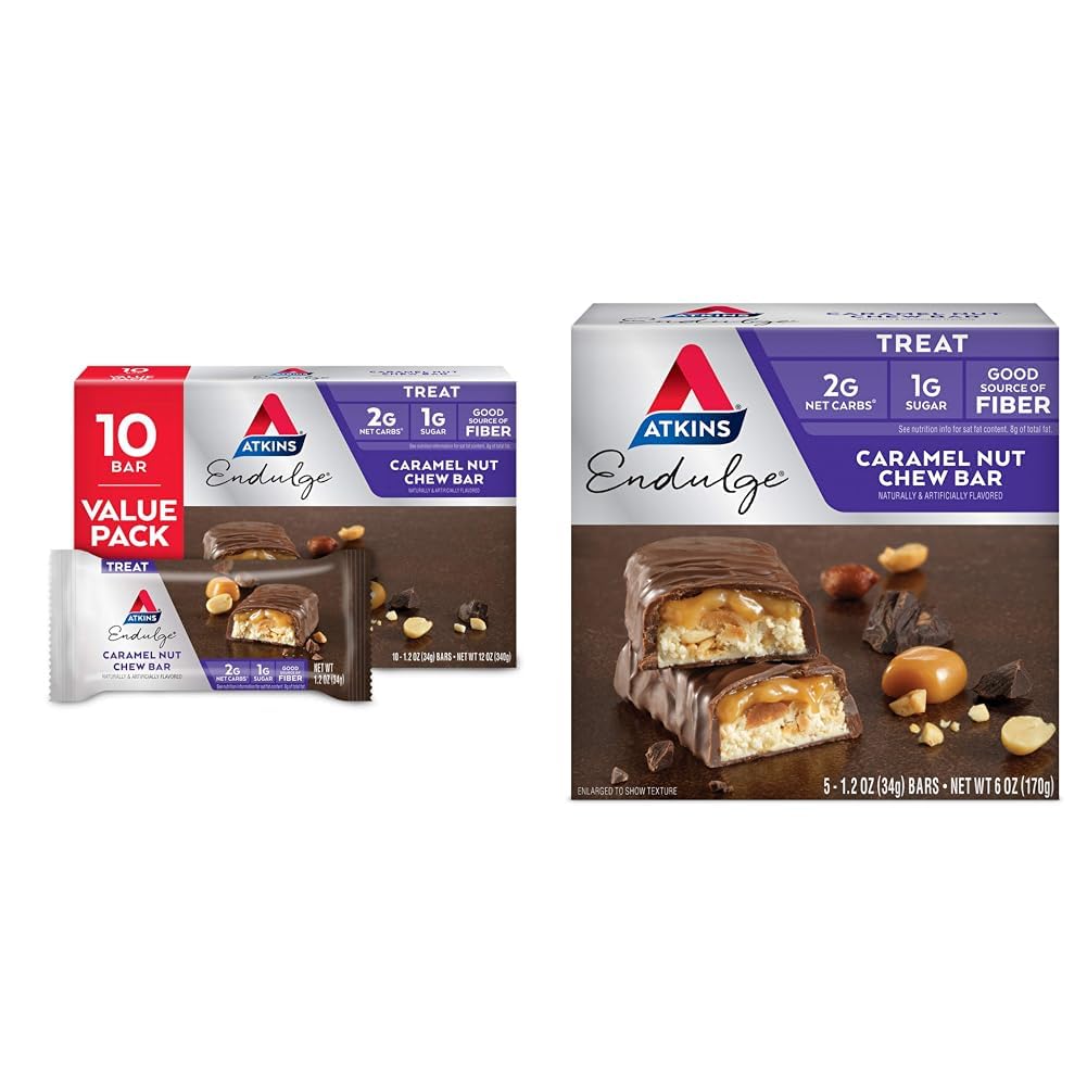 Atkins Endulge Caramel Nut Chew Bar, 10 Count and 5 Count Bundles, 1g Sugar, Good Source of Fiber