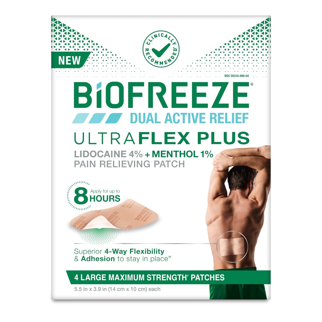 Biofreeze Ultraflex Plus Maximum Strength 4% Lidocaine Patches with Menthol, Flexible Pain Relief Patch for Lower Back, Lidocaine Patch for Neck, Knee, Shoulder, 4 Large Pain Patches