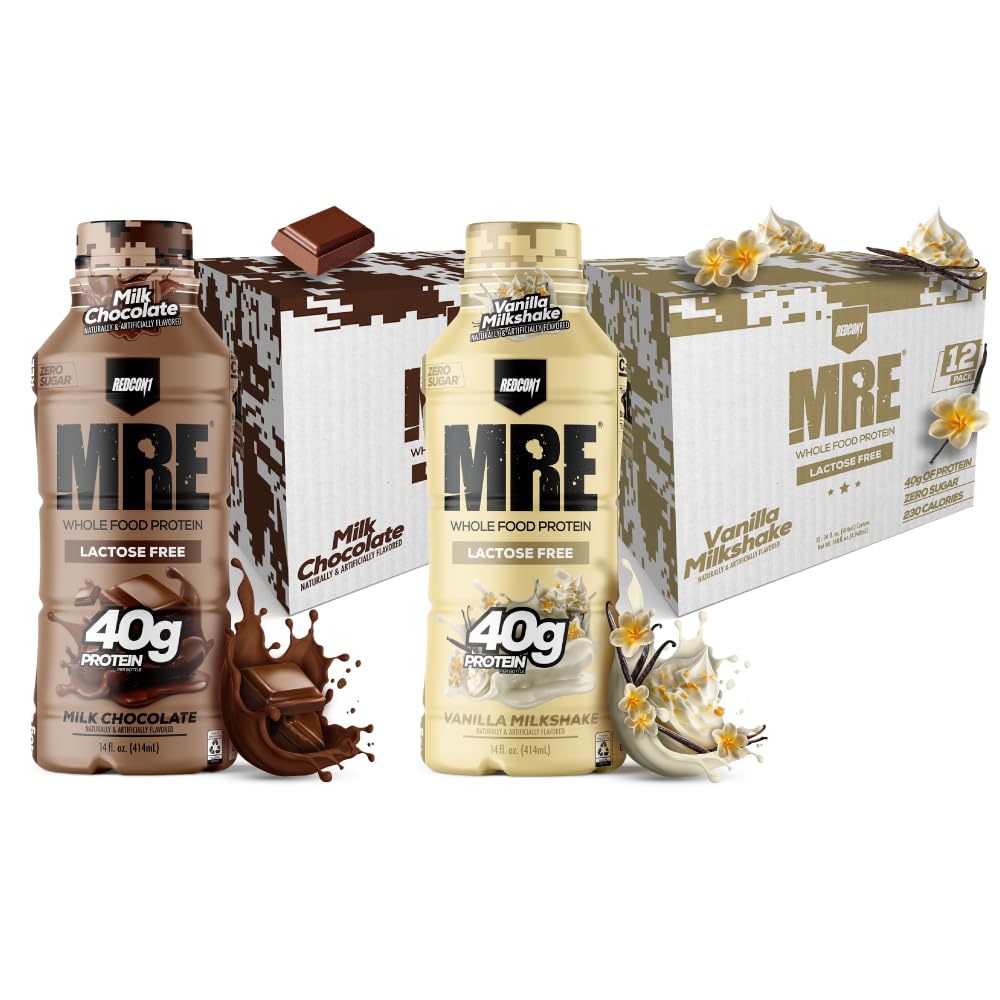 REDCON1 MRE Ready to Drink Protein Shake Bundle, Milk Chocolate & Vanilla Milkshake, Lactose Free RTD 40g Protein Made with Real Whole Food Protein Blends - Easy to Digest Nutritional Shake