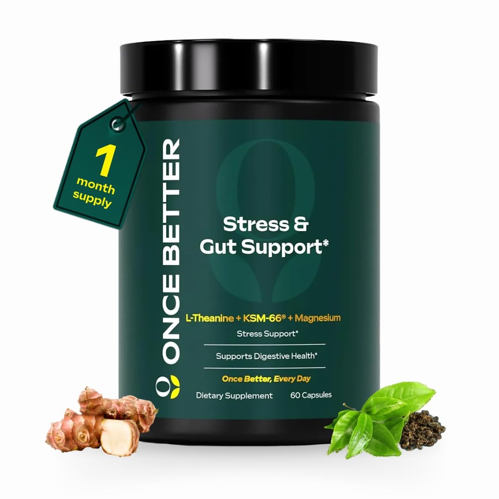 Once Better™️ Stress & Gut Support Supplement – Ashwagandha KSM-66®, L-Theanine, Magnesium Glycinate, Probiotics & Inulin for Digestive Health & Stress Relief – 60 Capsules - Men & Women