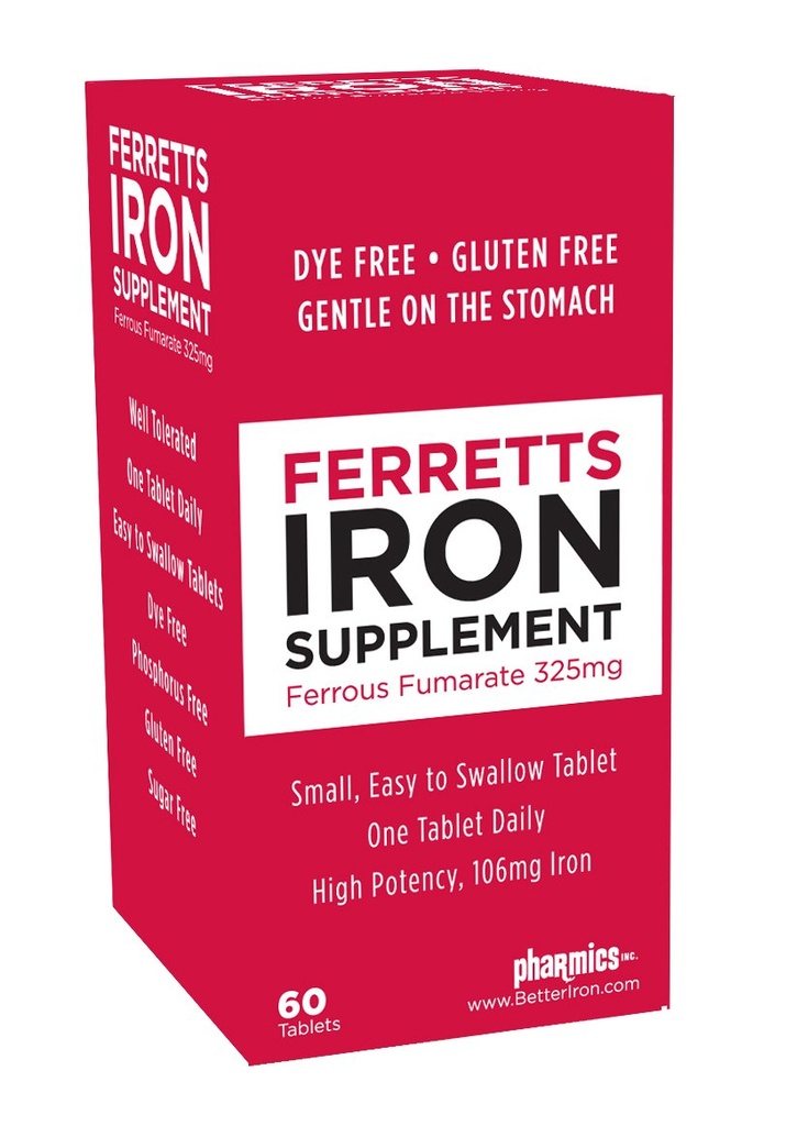 Iron Tablets 106mg (325mg Ferrous Fumarate) - 60 Day Supply of High Potency Iron Supplements for Women & Men, Easy on The Stomach Iron Supplements for Anemia, 60 Iron Pills Per Bottle
