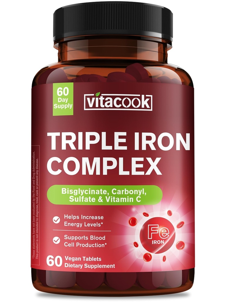 Iron Supplement for Women & Men, 3-in-1 65mg Iron Pills, Bisglycinate, Sulfate, Carbonyl Iron with Vitamin C, Enhanced Absorption, Energy, Red Blood Cell Support, Gentle, 60 Tablets
