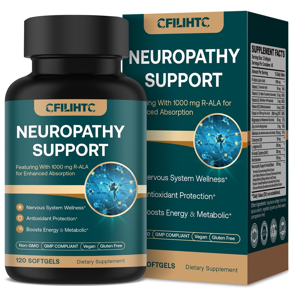 Neuropathy Support Nerve Supplement – Advanced R-Alpha Lipoic Acid Supplement with Benfotiamine, NAC & B-Complex for Nerve Health, Antioxidant & Cellular Energy - Vegan 120 Softgels