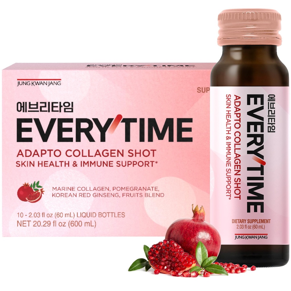 JUNG KWAN JANG Everytime Adapto Collagen Shot - Skin and Sleep Support - Liquid Adaptogen Drink with Marine Collagen, Passion Fruit, Chamomile NAD L-Theanine - Gluten Free (10 Bottles, 2.03 fl oz)