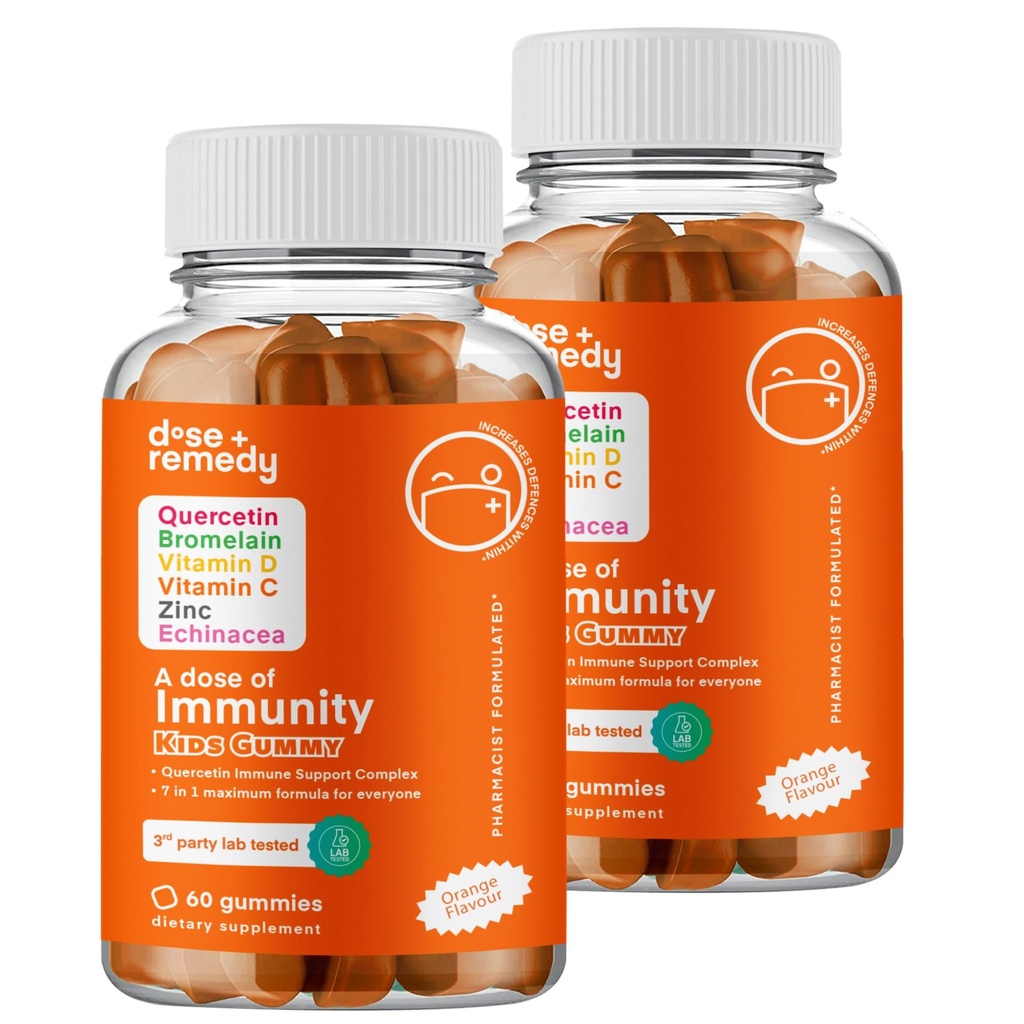 A Dose of Kids Immunity Support Gummies - Daily Immune Booster Supplement Quercetin Gummies for Children with Vitamin B Complex, Vitamin C, Zinc, Vitamin D, Quercetin Bromelain, Echinacea - 120 Count