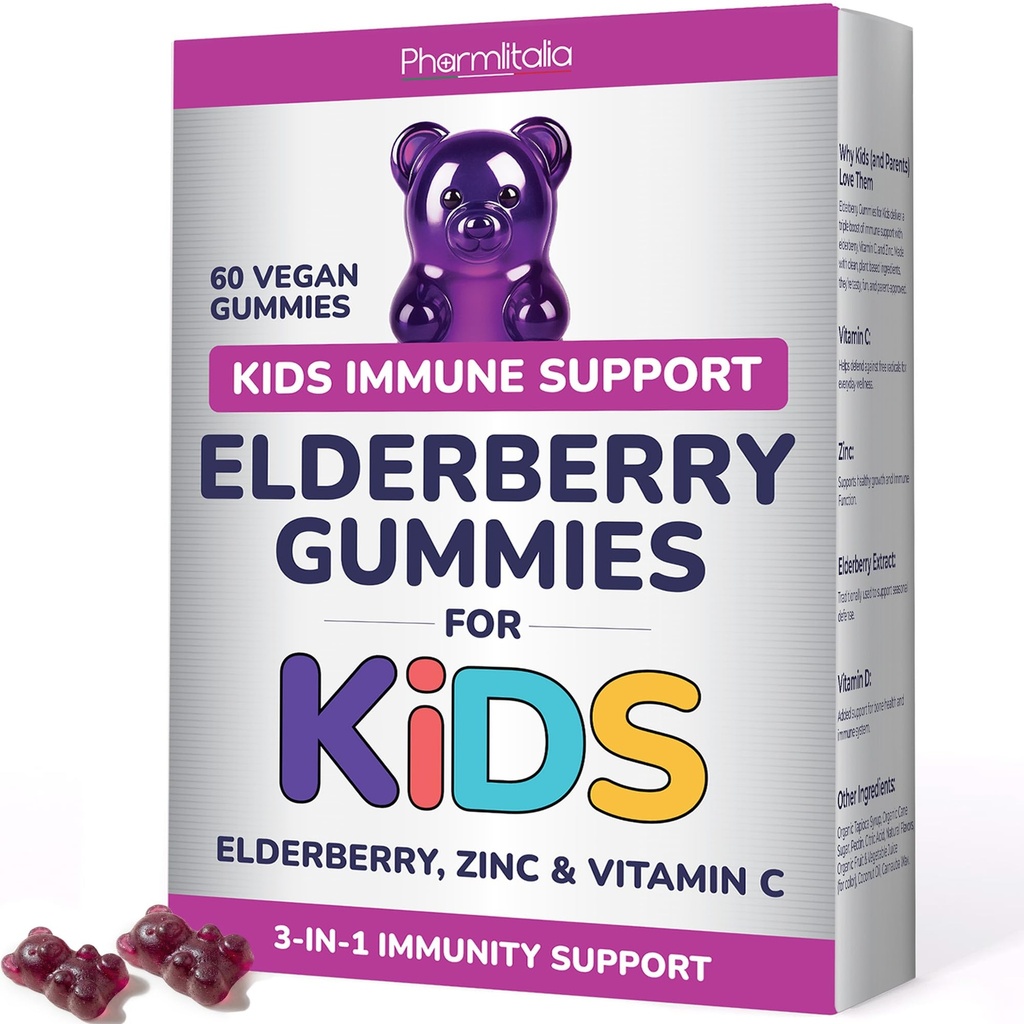 Elderberry Gummies for Kids - 3 in 1 Elderberry Vitamin C and Zinc - Vegan, Organic Immune Support Supplement for Kids - No Added Sugar - Dentist Friendly - Non GMO - Allergen free 60 Chewable Gummies