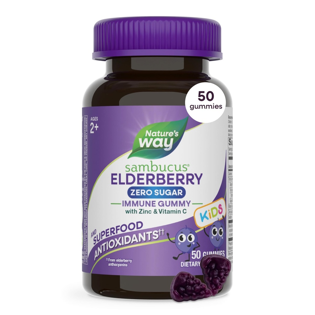 Nature's Way Sambucus Kids Zero Sugar Elderberry Immune Gummies, Immune Support Gummy for Kids Ages 2+,* with Black Elderberry Extract, Vitamin C, and Zinc, Zero Sugar, 50 Gummies