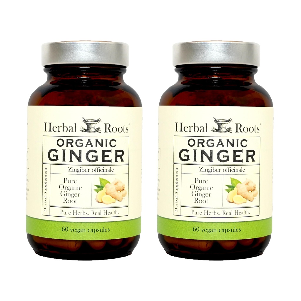 Herbal Roots Ginger Supplement | Organic Ginger Root Capsules | 1,200 mg of Pure Ginger Powder per Serving | 60 Vegan Capsules (Pack of 2)
