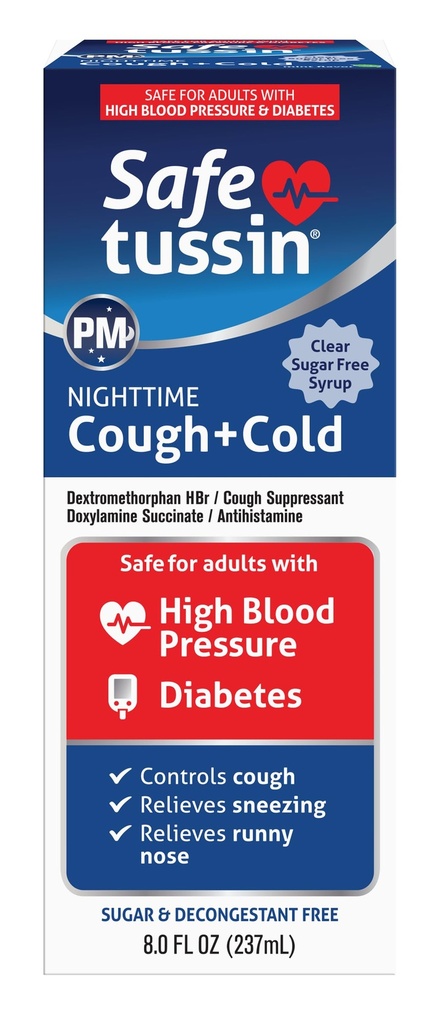Safetussin PM Night Time Cold and Cough Medicine for Adults, 8 oz, Cough Relief Syrup