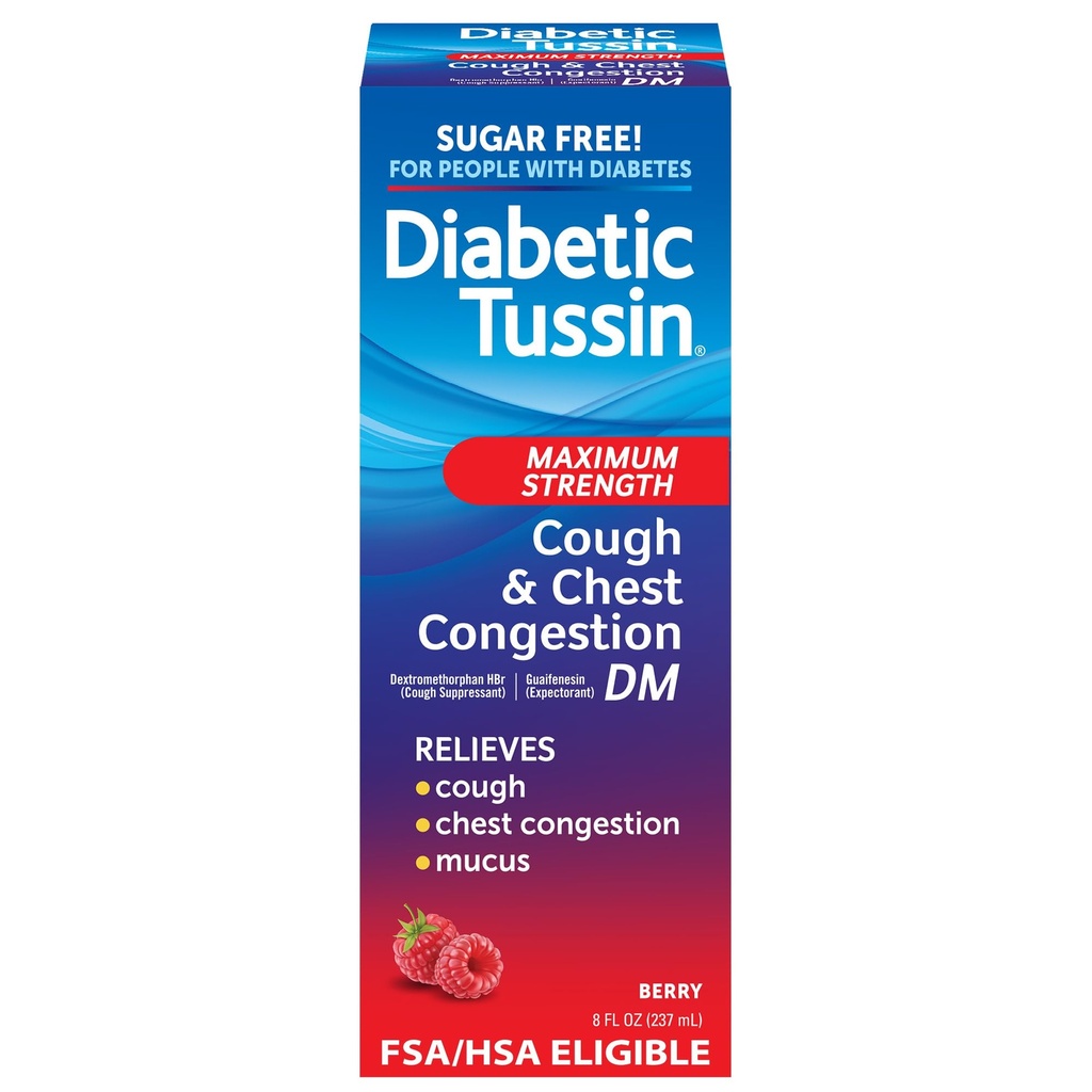 Diabetic Tussin DM Max Strength Cough & Chest Congestion Relief, Safe for Diabetics, Berry Flavored, 8 fl oz. (Pack of 1)